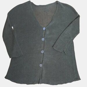 Linen Knit Cardigan Olive Green V Neck Button Front Drop Shoulder Minimalist  M